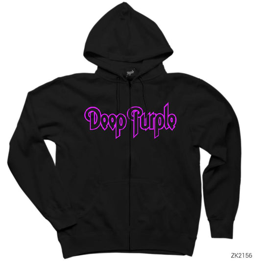 Deep Purple Logo Outline Siyah Fermuarlı Kapşonlu Sweatshirt