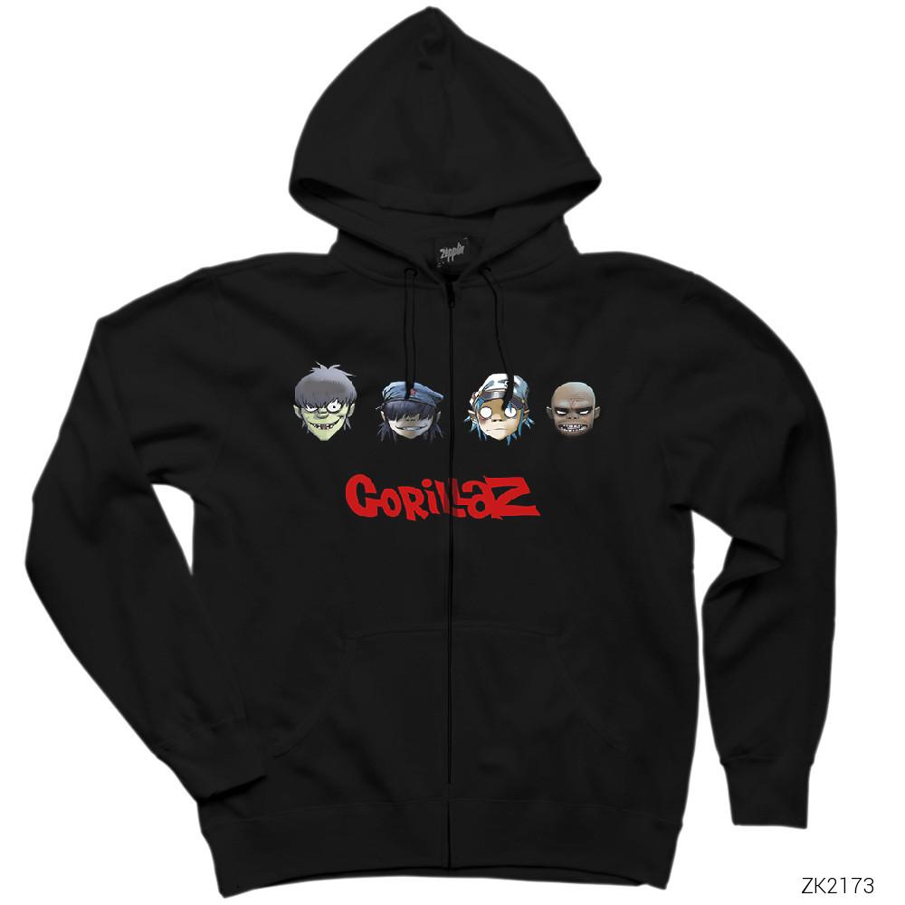 Gorillaz Cartoon 2 Siyah Fermuarlı Kapşonlu Sweatshirt