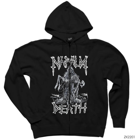 Napalm Death Skeleton Siyah Fermuarlı Kapşonlu Sweatshirt