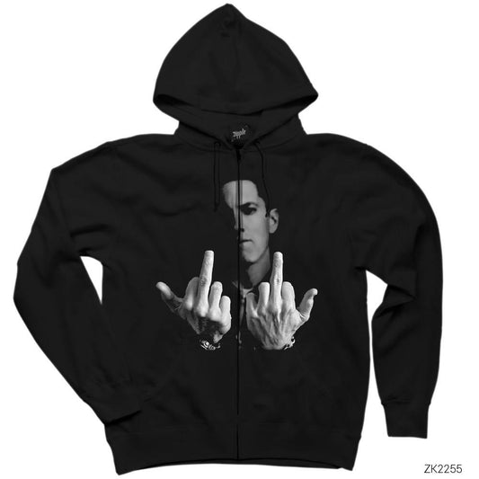 Eminem Middle Finger Siyah Fermuarlı Kapşonlu Sweatshirt