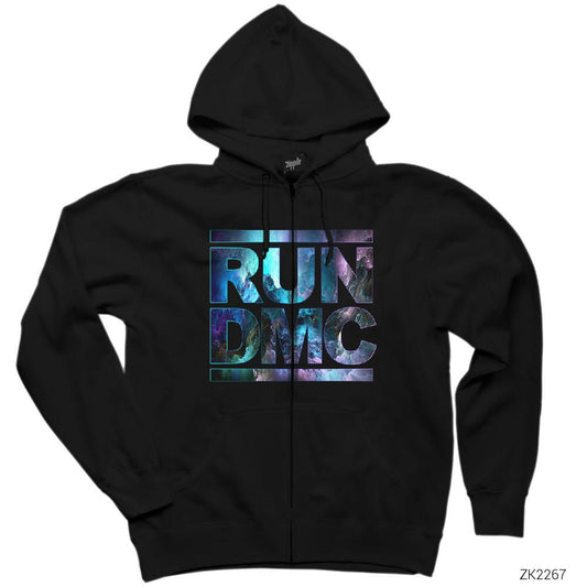 Run Dmc Logo Siyah Fermuarlı Kapşonlu Sweatshirt