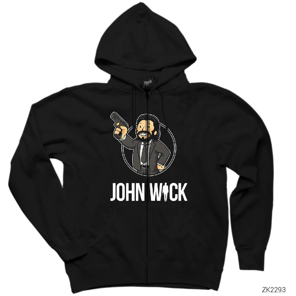 John wick Cartoon Siyah Fermuarlı Kapşonlu Sweatshirt