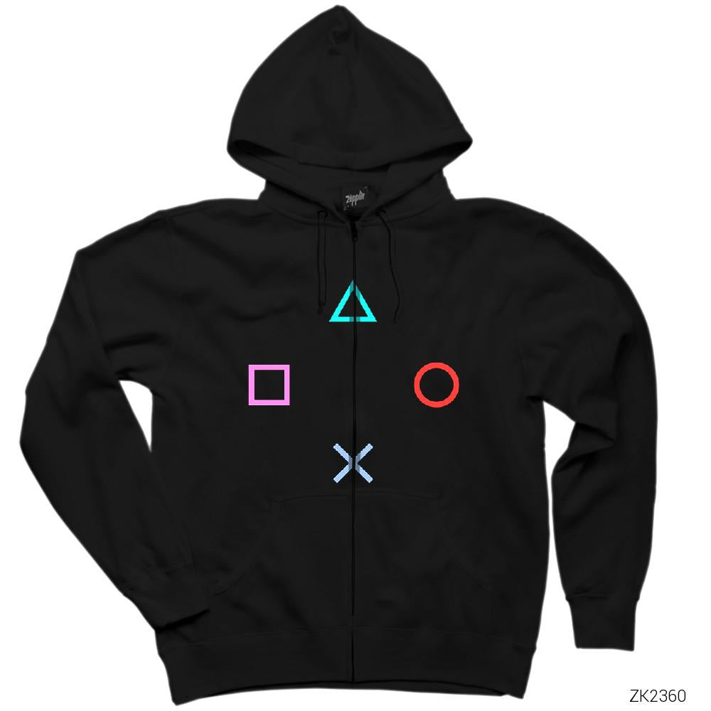 Gamepad Buttons Siyah Fermuarlı Kapşonlu Sweatshirt