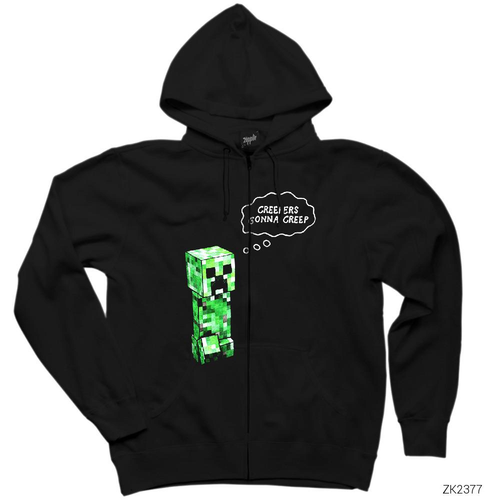 Minecraft Creepers Gonna Creep Siyah Fermuarlı Kapşonlu Sweatshirt
