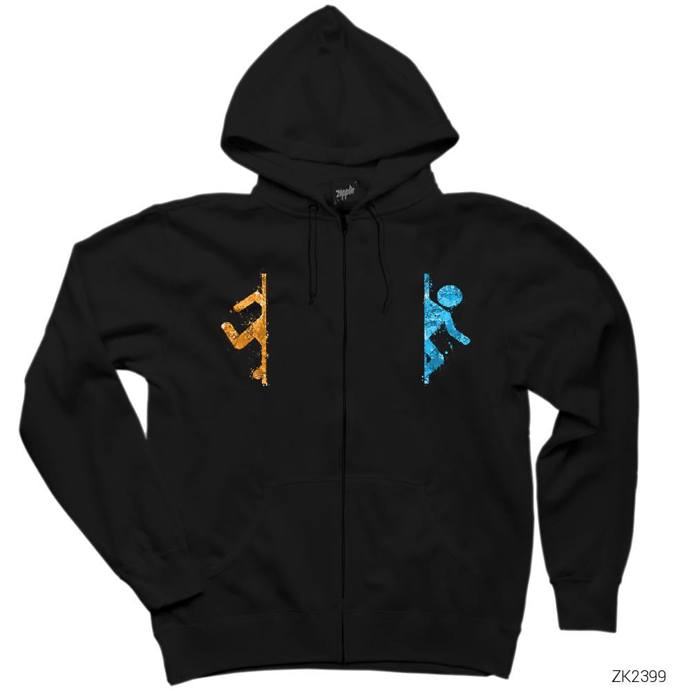 Portal 2 Co-Op 2 Siyah Fermuarlı Kapşonlu Sweatshirt