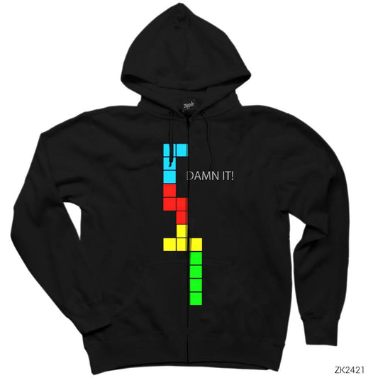 Tetris Damn It Siyah Fermuarlı Kapşonlu Sweatshirt