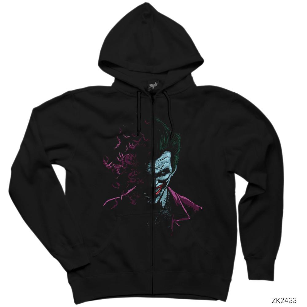 Joker with Bats Siyah Fermuarlı Kapşonlu Sweatshirt
