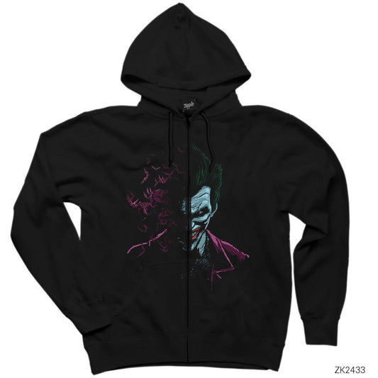 Joker with Bats Siyah Fermuarlı Kapşonlu Sweatshirt