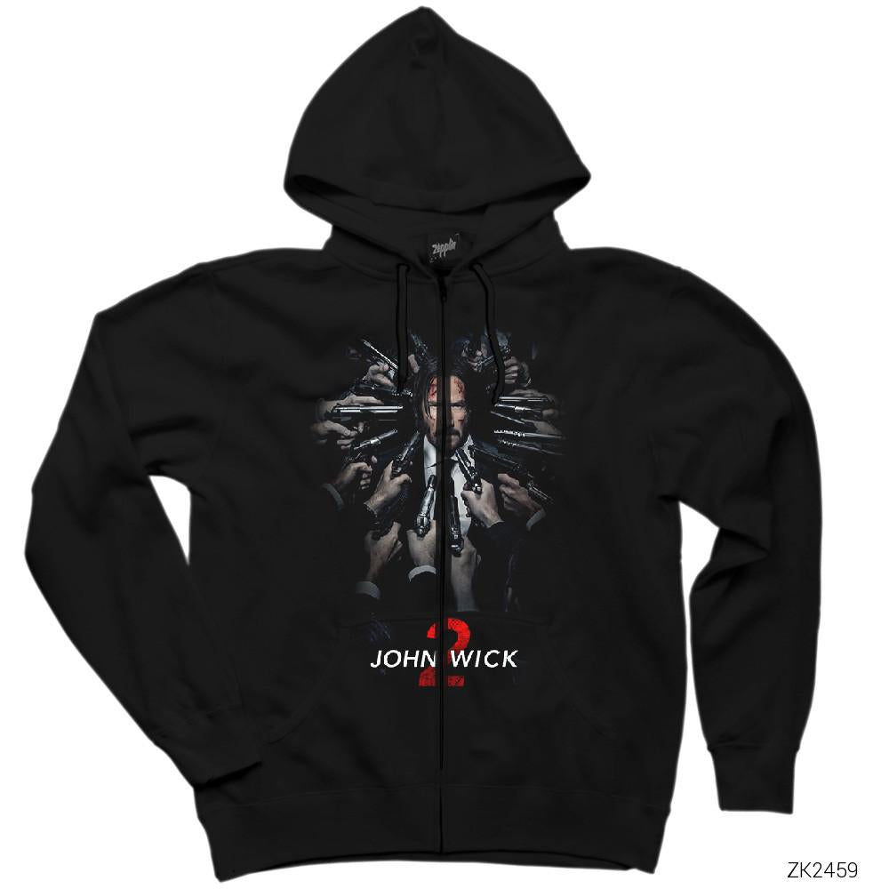 John Wick Guns Siyah Fermuarlı Kapşonlu Sweatshirt