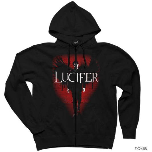 Lucifer Poster Siyah Fermuarlı Kapşonlu Sweatshirt