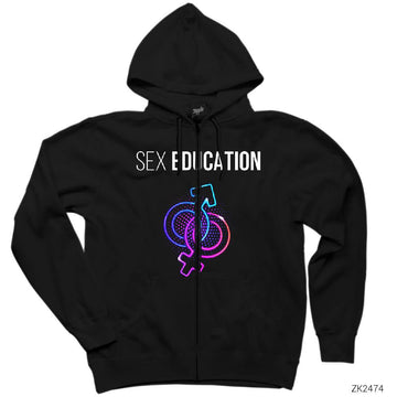 Sex Education Male and Female Siyah Fermuarlı Kapşonlu Sweatshirt