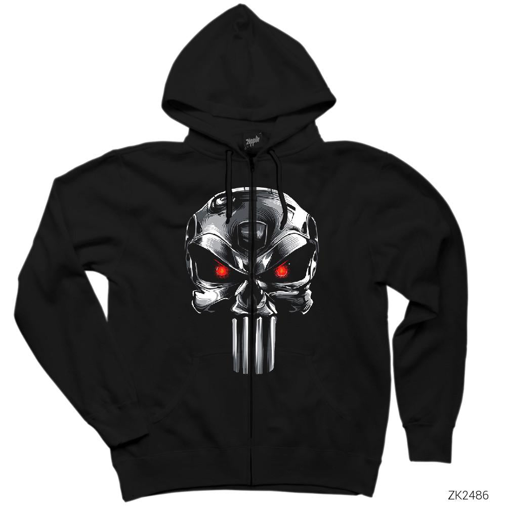 Terminator Punisher Siyah Fermuarlı Kapşonlu Sweatshirt
