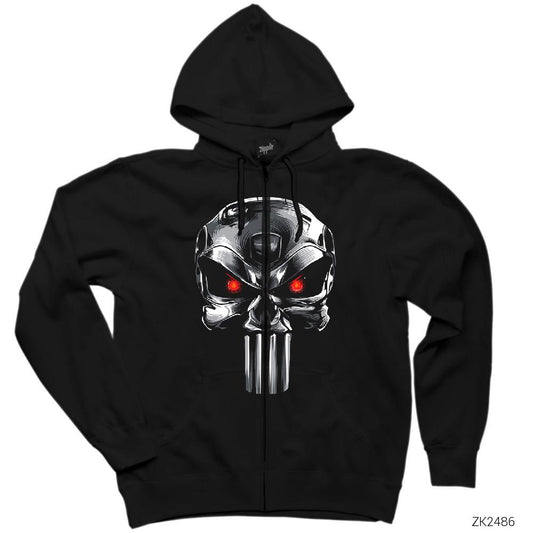 Terminator Punisher Siyah Fermuarlı Kapşonlu Sweatshirt