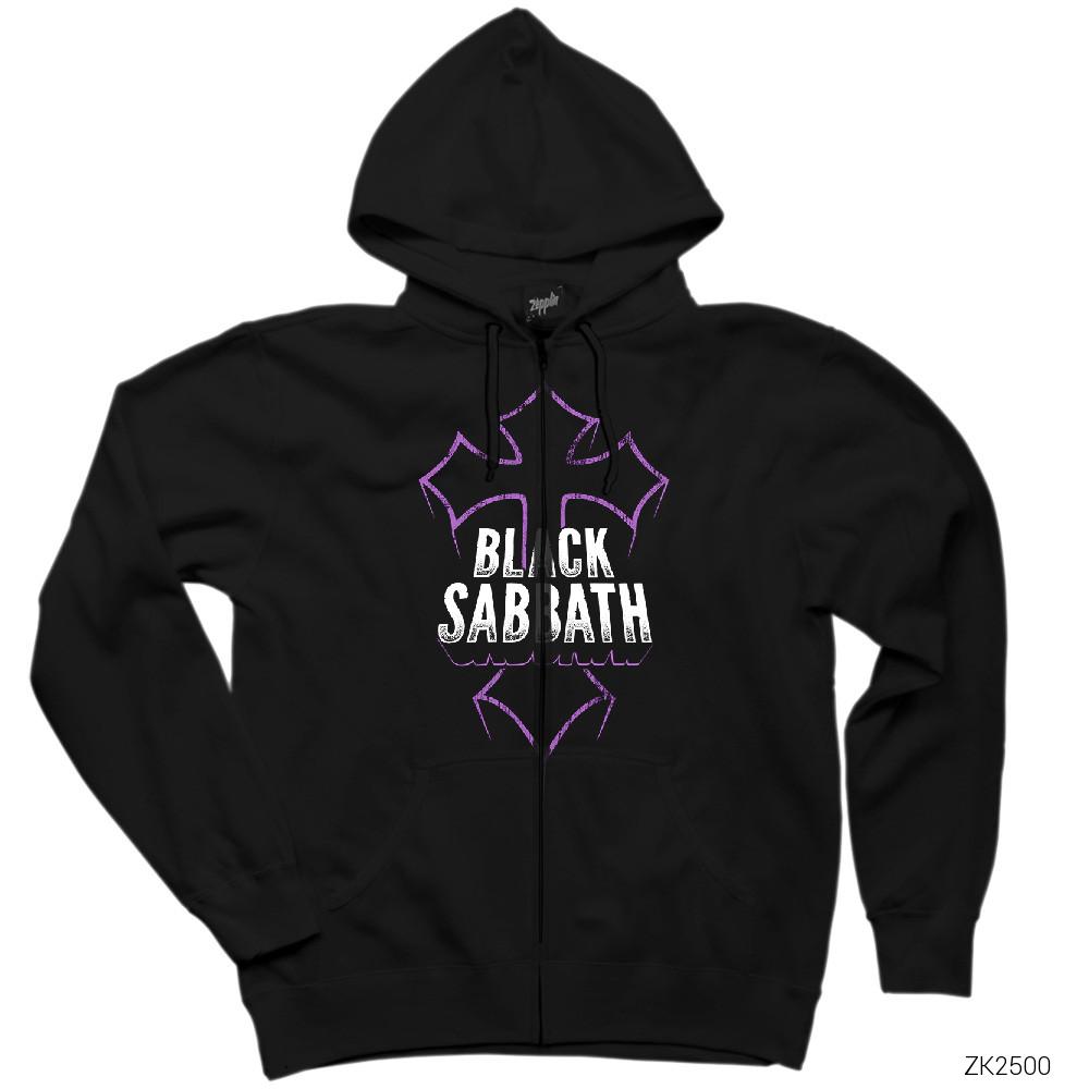 Black Sabbath Cross Siyah Fermuarlı Kapşonlu Sweatshirt