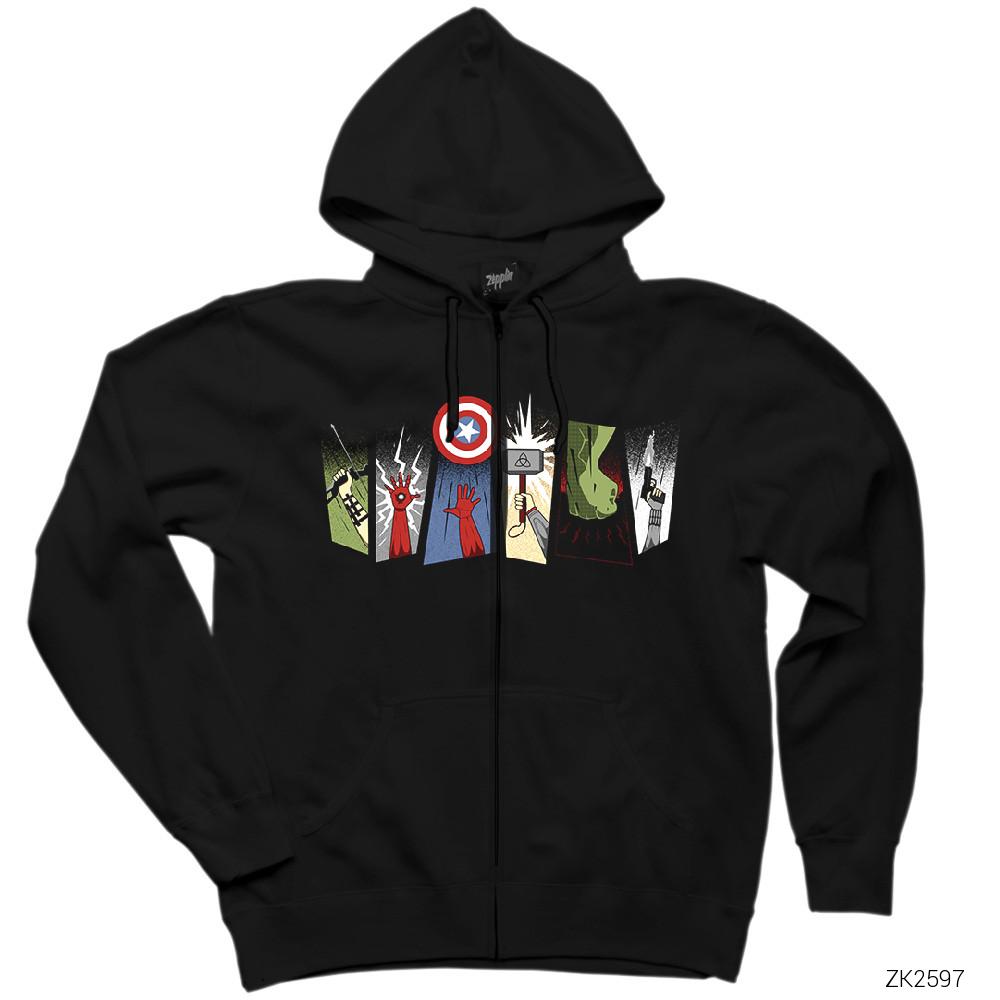 Avengers Items Siyah Fermuarlı Kapşonlu Sweatshirt