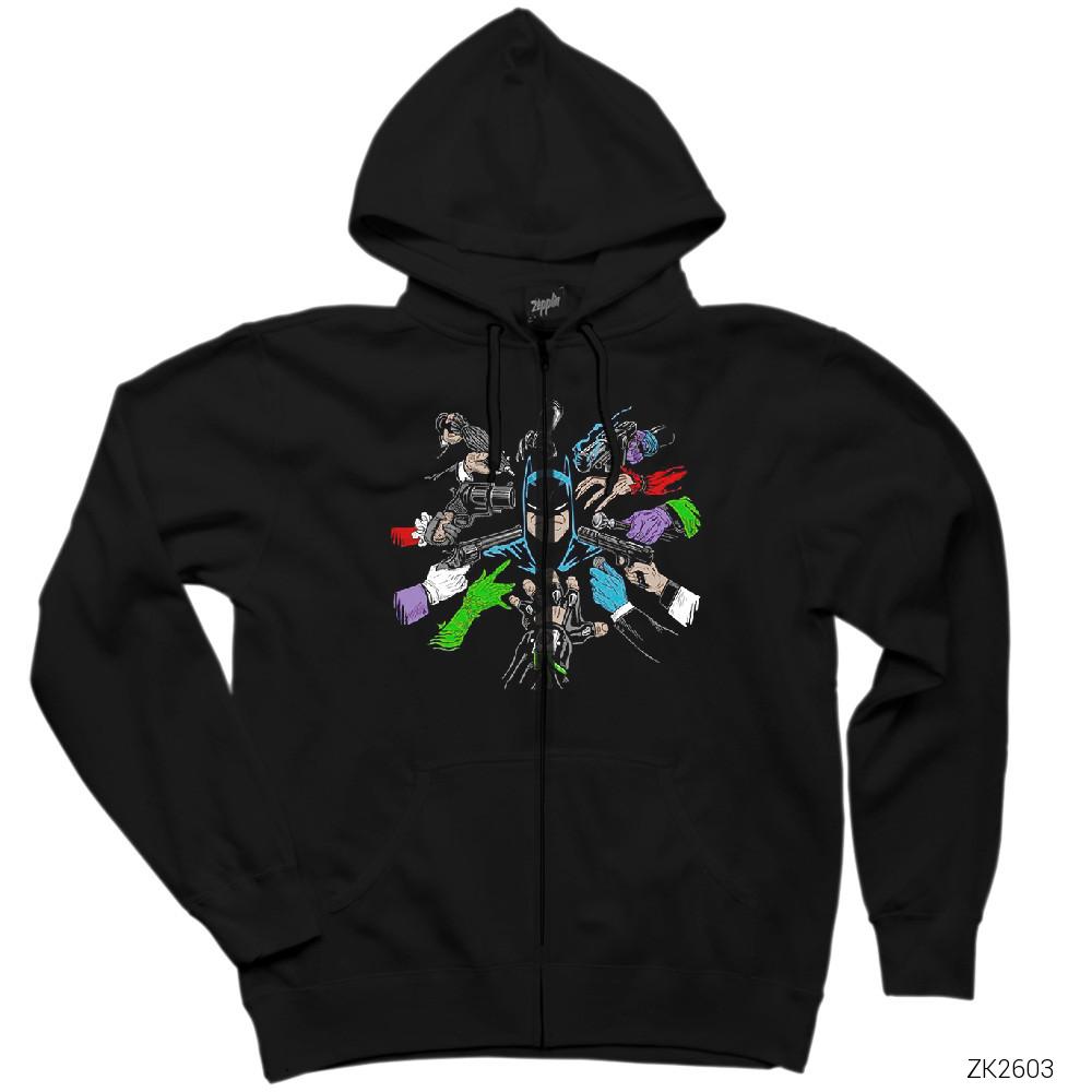 Batman and Enemy Siyah Fermuarlı Kapşonlu Sweatshirt