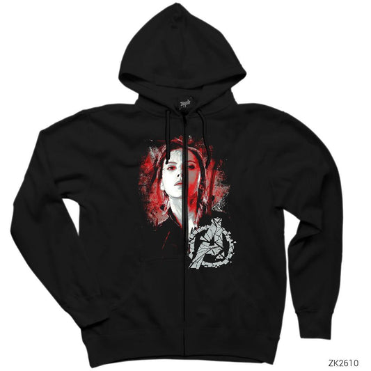 Black Widow Siyah Fermuarlı Kapşonlu Sweatshirt