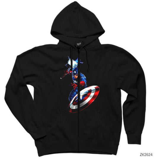 Captain America Mjolnir and Shield Siyah Fermuarlı Kapşonlu Sweatshirt