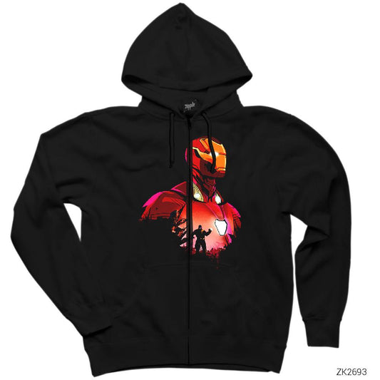 Iron man And Thanos Siyah Fermuarlı Kapşonlu Sweatshirt
