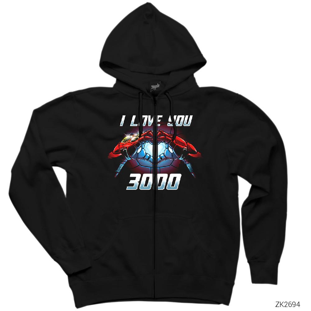 Iron man I Love You 3000 Siyah Fermuarlı Kapşonlu Sweatshirt