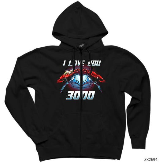 Iron man I Love You 3000 Siyah Fermuarlı Kapşonlu Sweatshirt