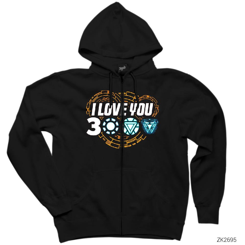 Iron Man I Love You 3000 2 Siyah Fermuarlı Kapşonlu Sweatshirt