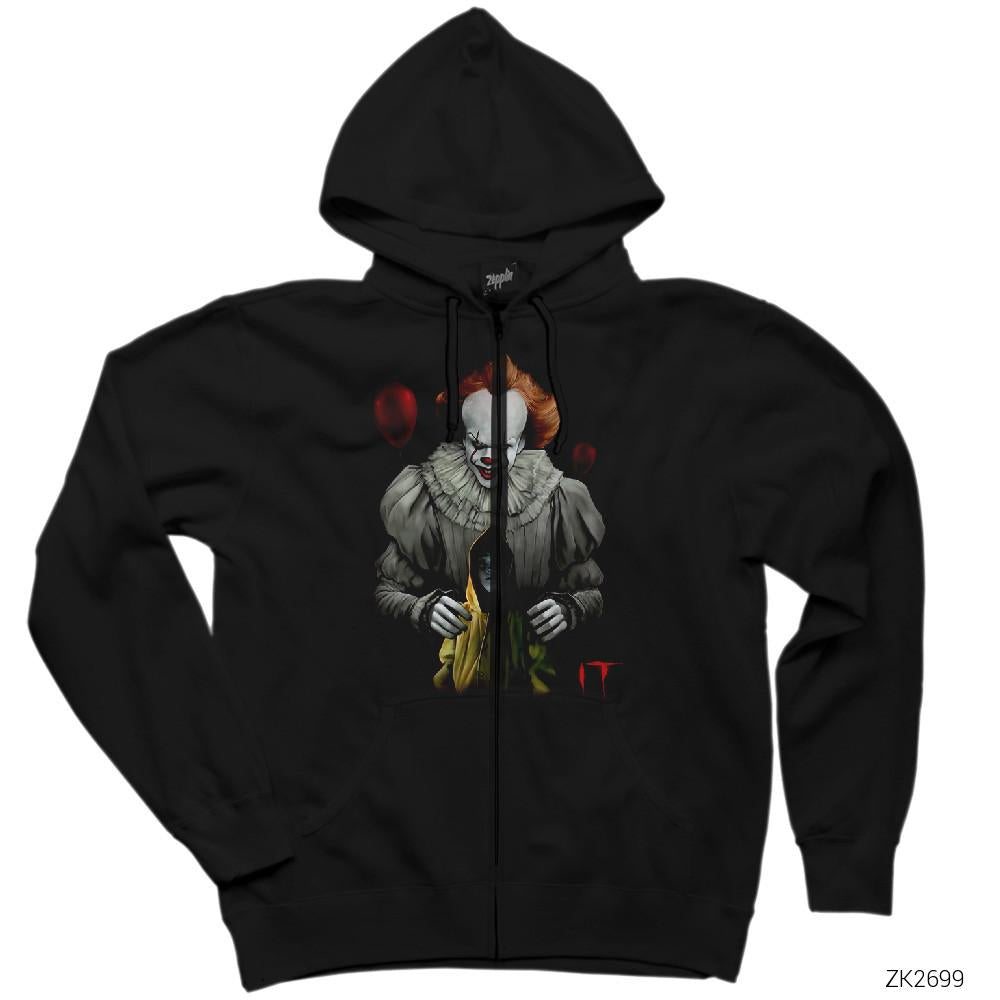 IT Child and Clown Siyah Fermuarlı Kapşonlu Sweatshirt