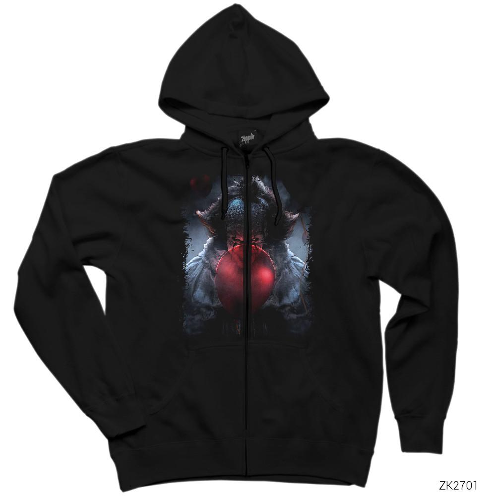 IT Clown 2 Siyah Fermuarlı Kapşonlu Sweatshirt