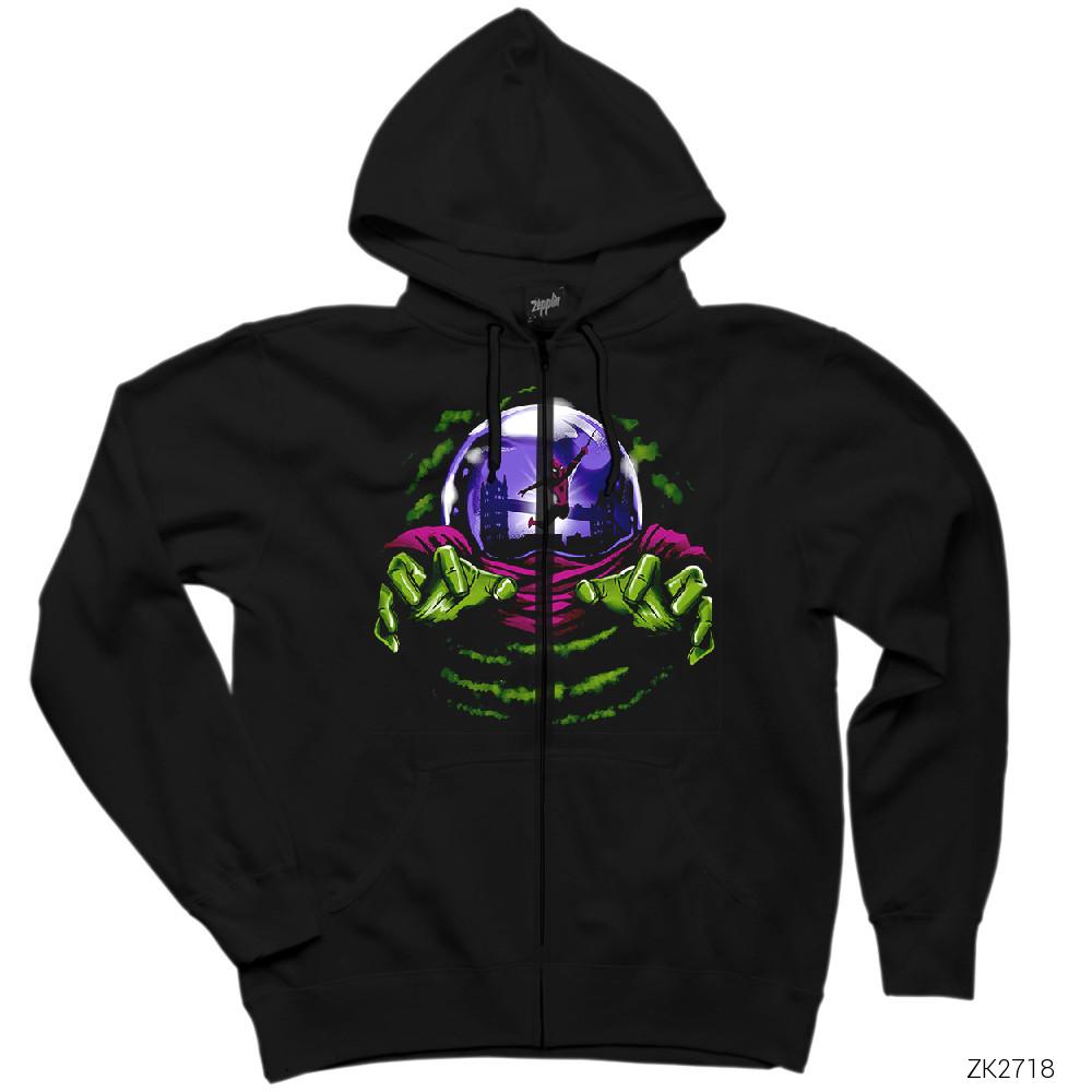 Mysterio and Spiderman Siyah Fermuarlı Kapşonlu Sweatshirt
