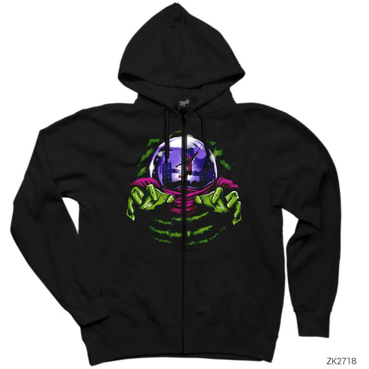 Mysterio and Spiderman Siyah Fermuarlı Kapşonlu Sweatshirt