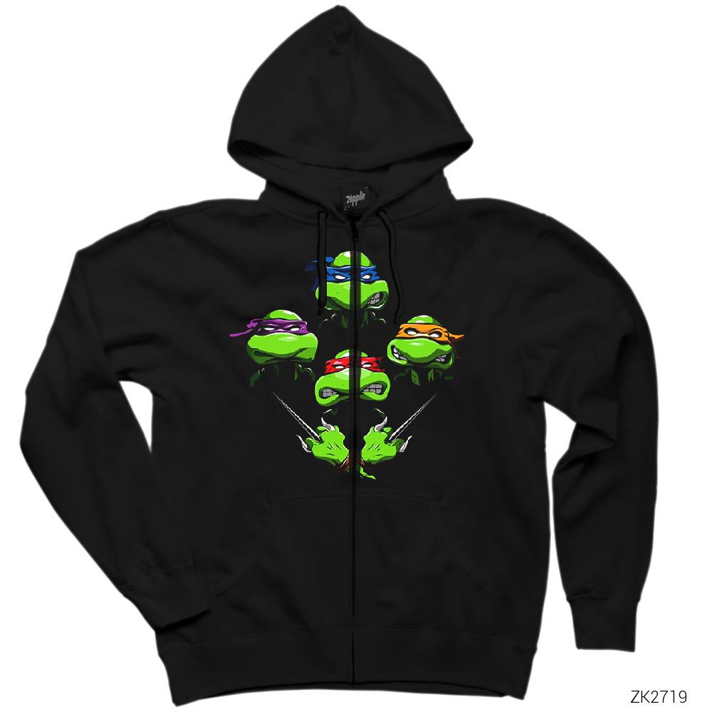 Ninja Turtles Face Siyah Fermuarlı Kapşonlu Sweatshirt