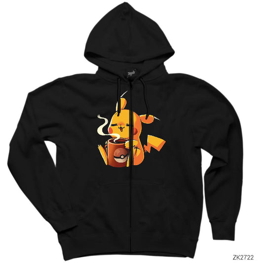 Pikachu Coffe Siyah Fermuarlı Kapşonlu Sweatshirt