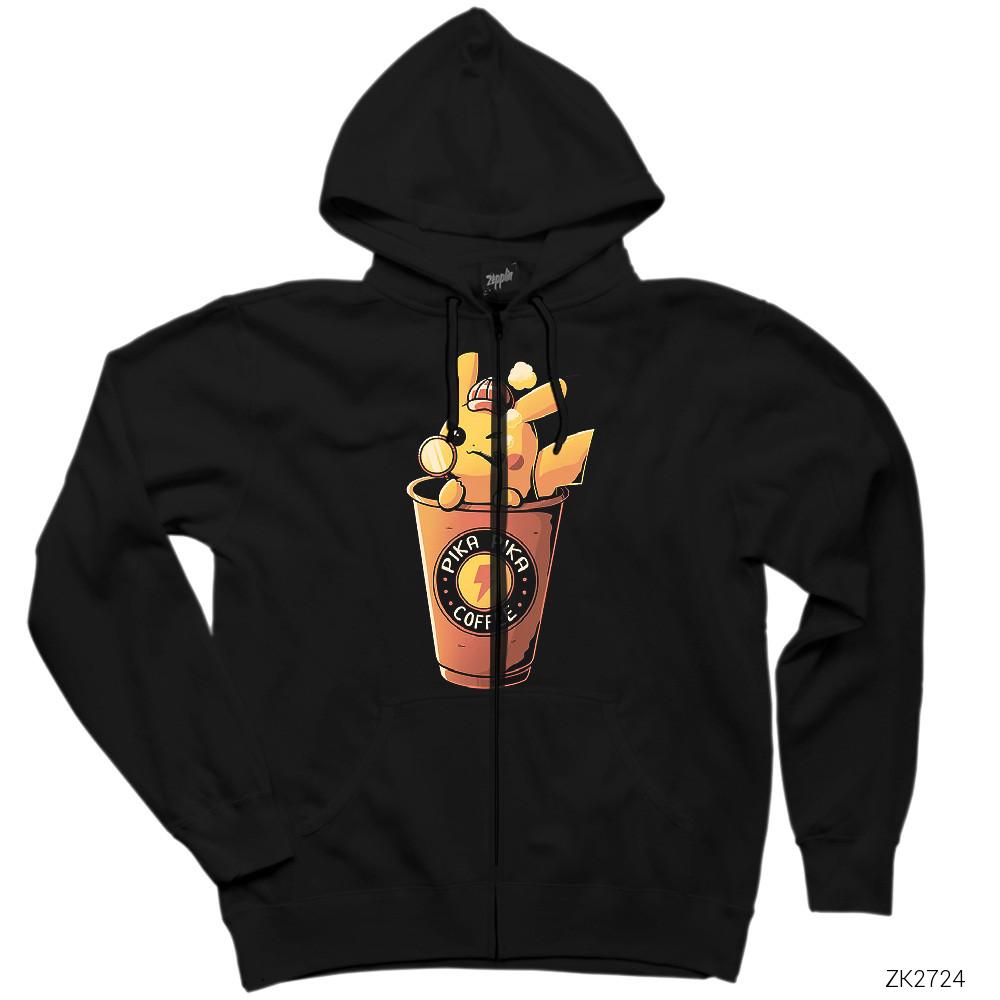 Pikachu Detective and Coffe Siyah Fermuarlı Kapşonlu Sweatshirt