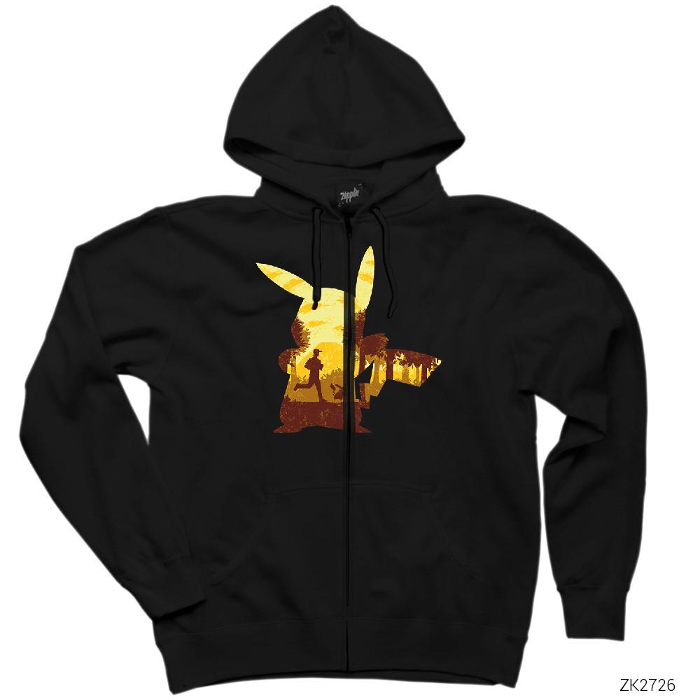 Pikachu Mask Siyah Fermuarlı Kapşonlu Sweatshirt