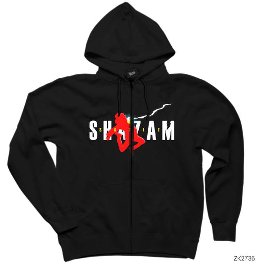 Shazam Logo and Child Siyah Fermuarlı Kapşonlu Sweatshirt