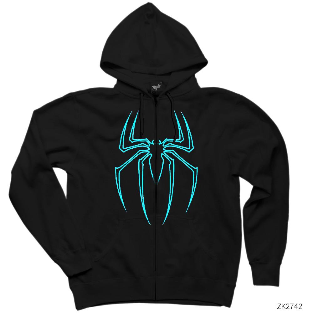 Spiderman Blue Logo  Siyah Fermuarlı Kapşonlu Sweatshirt