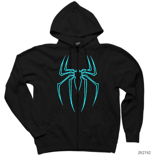 Spiderman Blue Logo  Siyah Fermuarlı Kapşonlu Sweatshirt