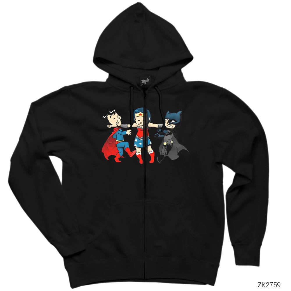 Superman And Batman Cartoon Siyah Fermuarlı Kapşonlu Sweatshirt