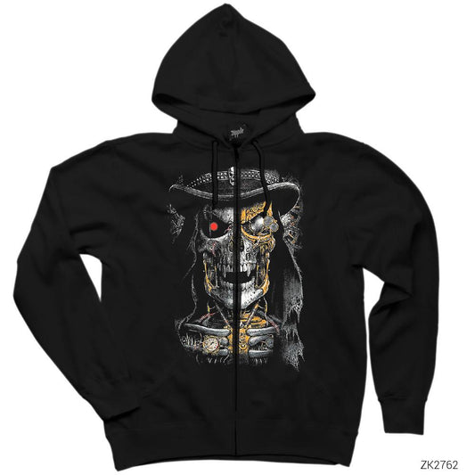 Terminator Skull Siyah Fermuarlı Kapşonlu Sweatshirt