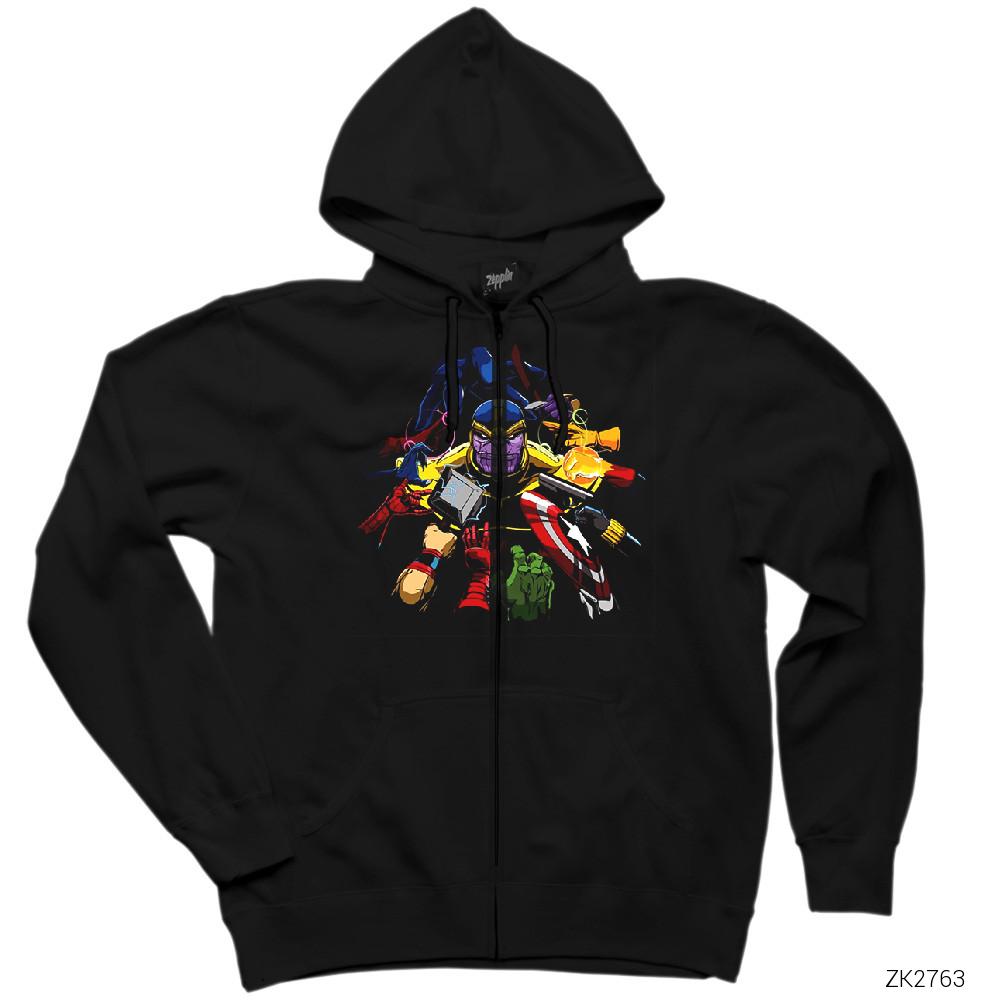 Thanos And Enemies Siyah Fermuarlı Kapşonlu Sweatshirt