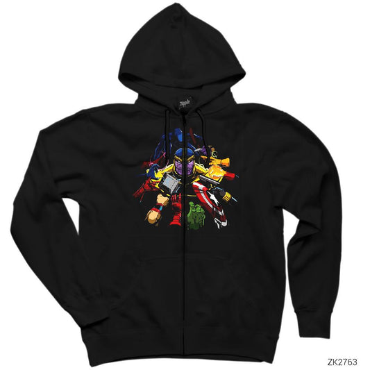 Thanos And Enemies Siyah Fermuarlı Kapşonlu Sweatshirt