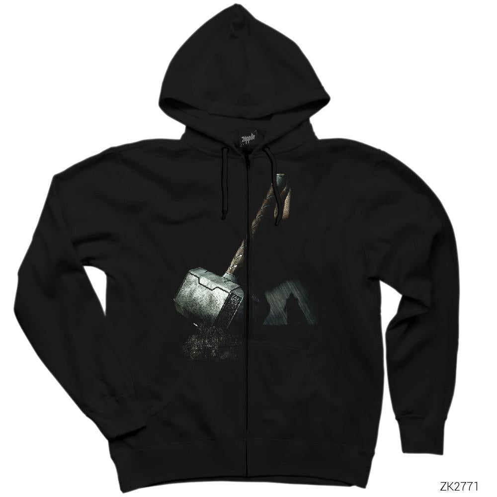 Thor Mjolnir Siyah Fermuarlı Kapşonlu Sweatshirt