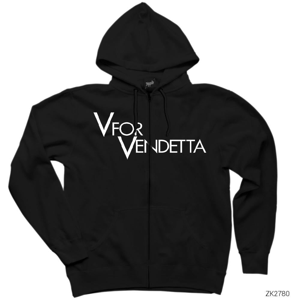 V for Vendetta Logo Siyah Fermuarlı Kapşonlu Sweatshirt