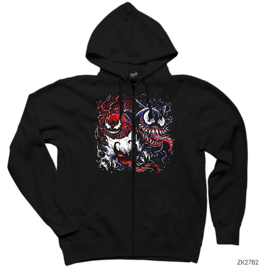 Venom Faces Siyah Fermuarlı Kapşonlu Sweatshirt