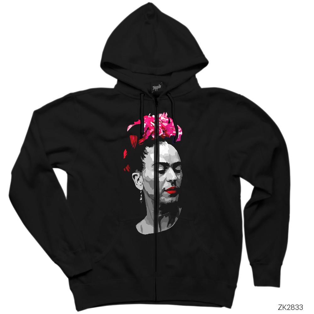 Frida Kahlo Portre 6 Siyah Fermuarlı Kapşonlu Sweatshirt