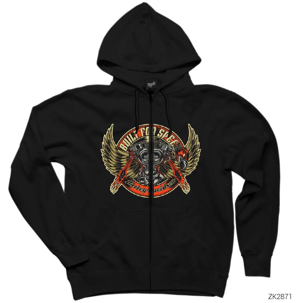 Harley Davidson Built for Speed Siyah Fermuarlı Kapşonlu Sweatshirt