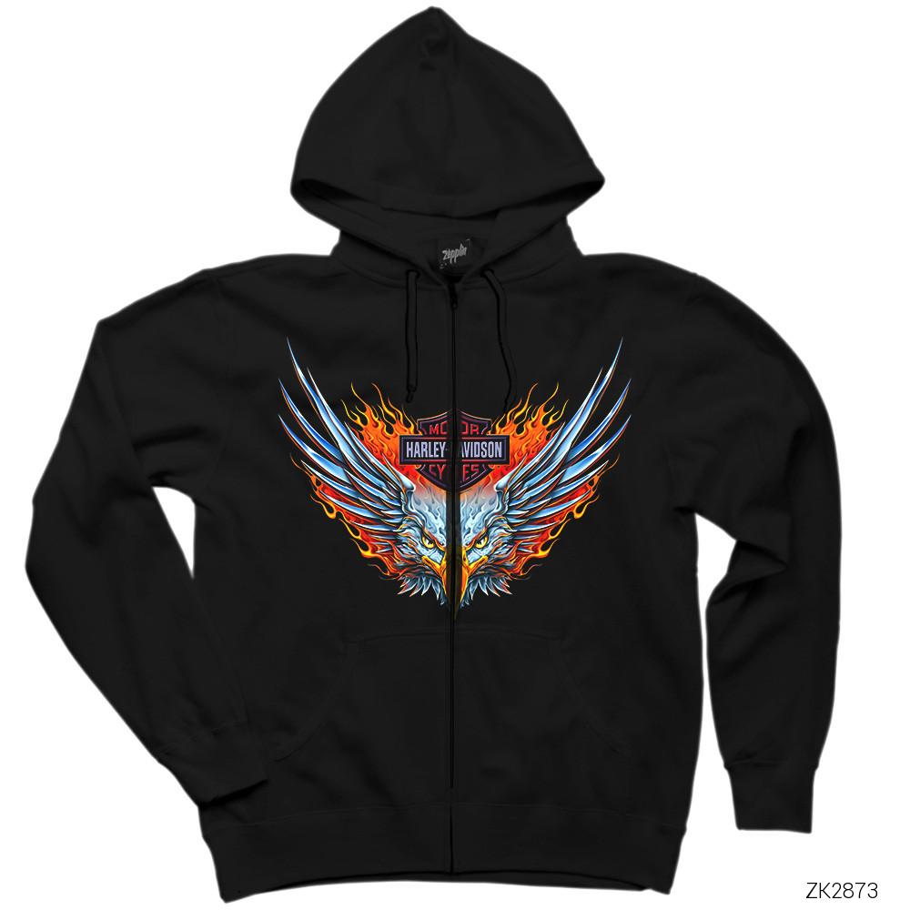 Harley Davidson Eagle Siyah Fermuarlı Kapşonlu Sweatshirt