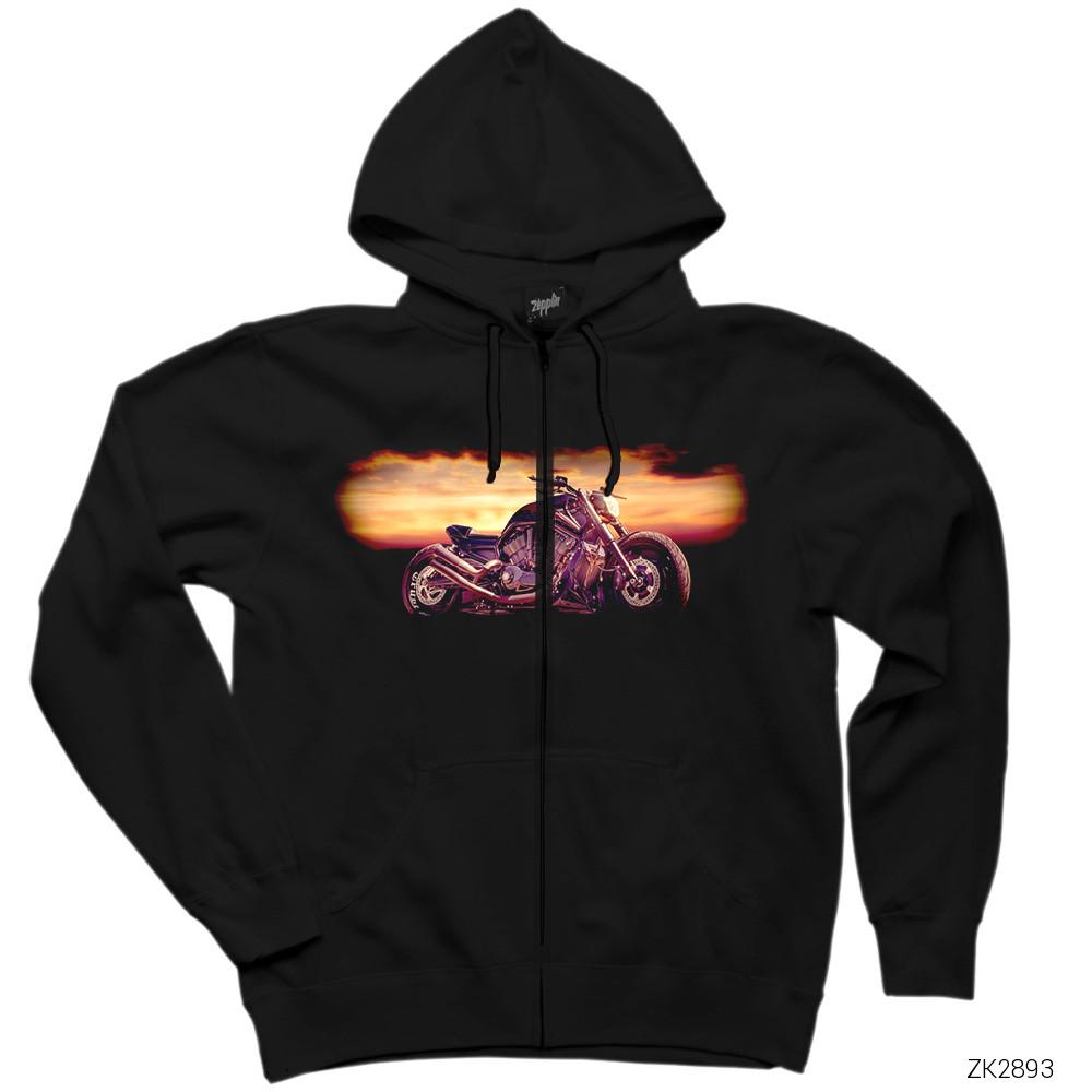 Motorcycle Design Siyah Fermuarlı Kapşonlu Sweatshirt