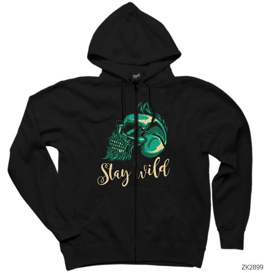 Stay Wild Siyah Fermuarlı Kapşonlu Sweatshirt