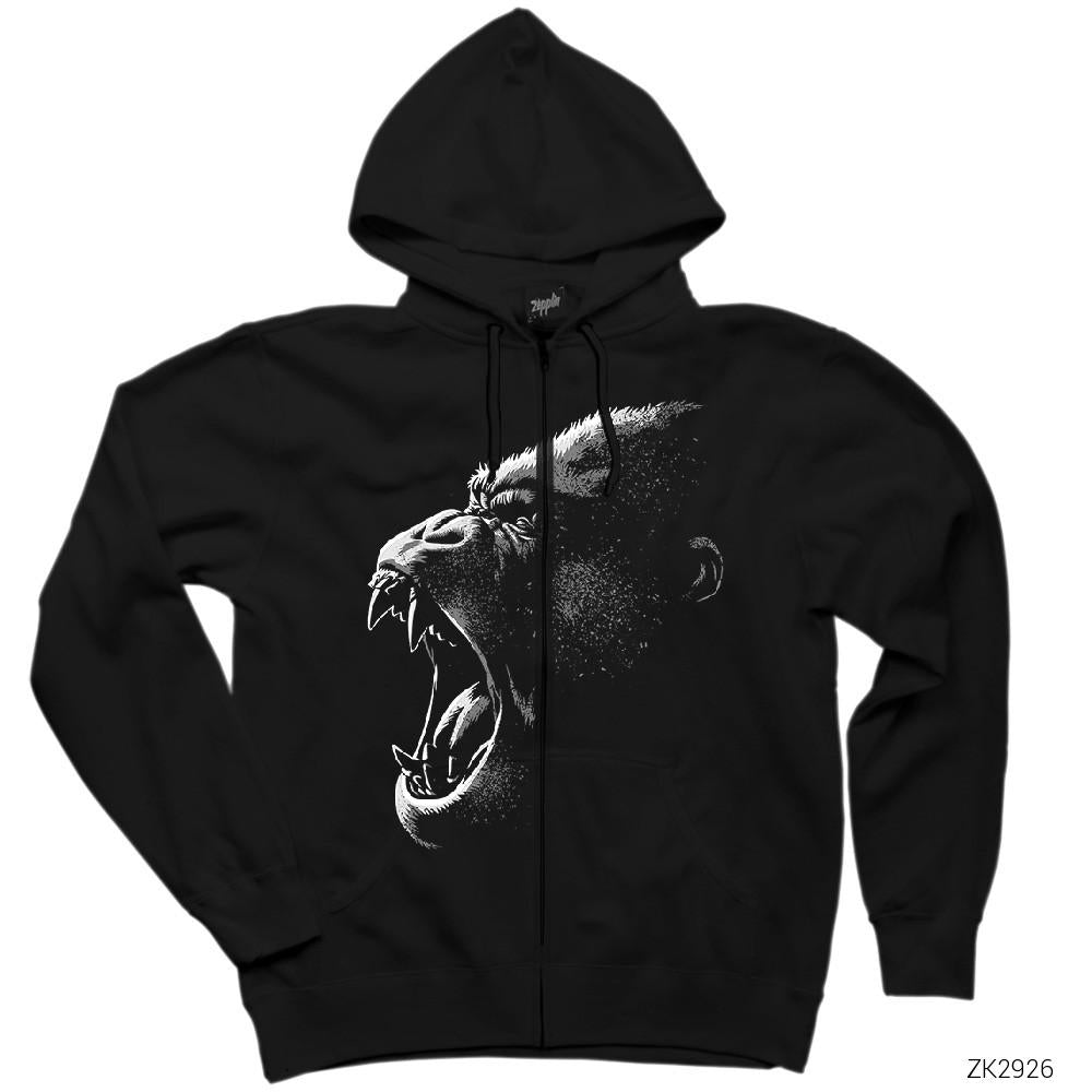 King Kong Face Siyah Fermuarlı Kapşonlu Sweatshirt
